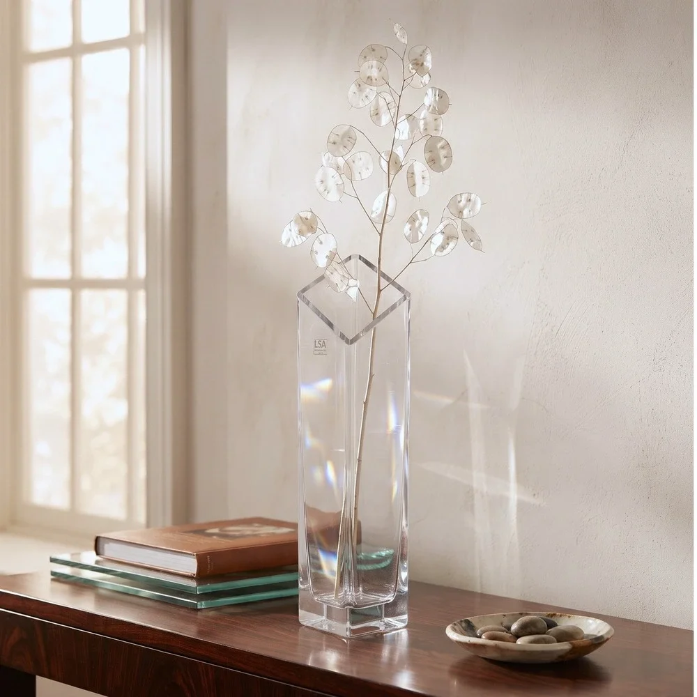 LSA International Handblown Clear Glass Square Vase 15.5 Inch Tall Geometric